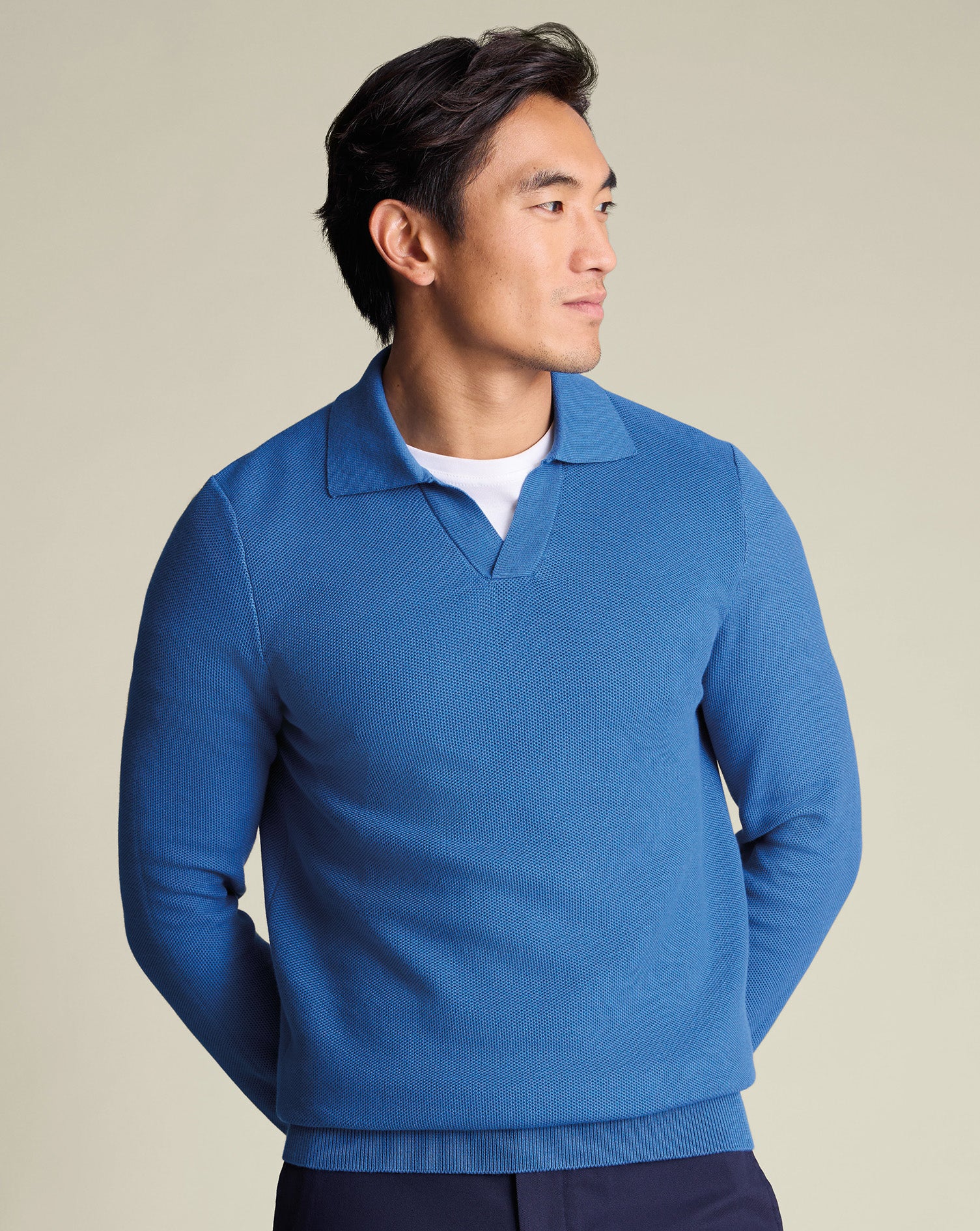 Cotton Honeycomb Trophy Neck Jumper - Mid Blue