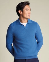 Cotton Honeycomb Trophy Neck Jumper - Mid Blue