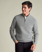 Cotton Honeycomb Zip-Neck Jumper – Light Grey