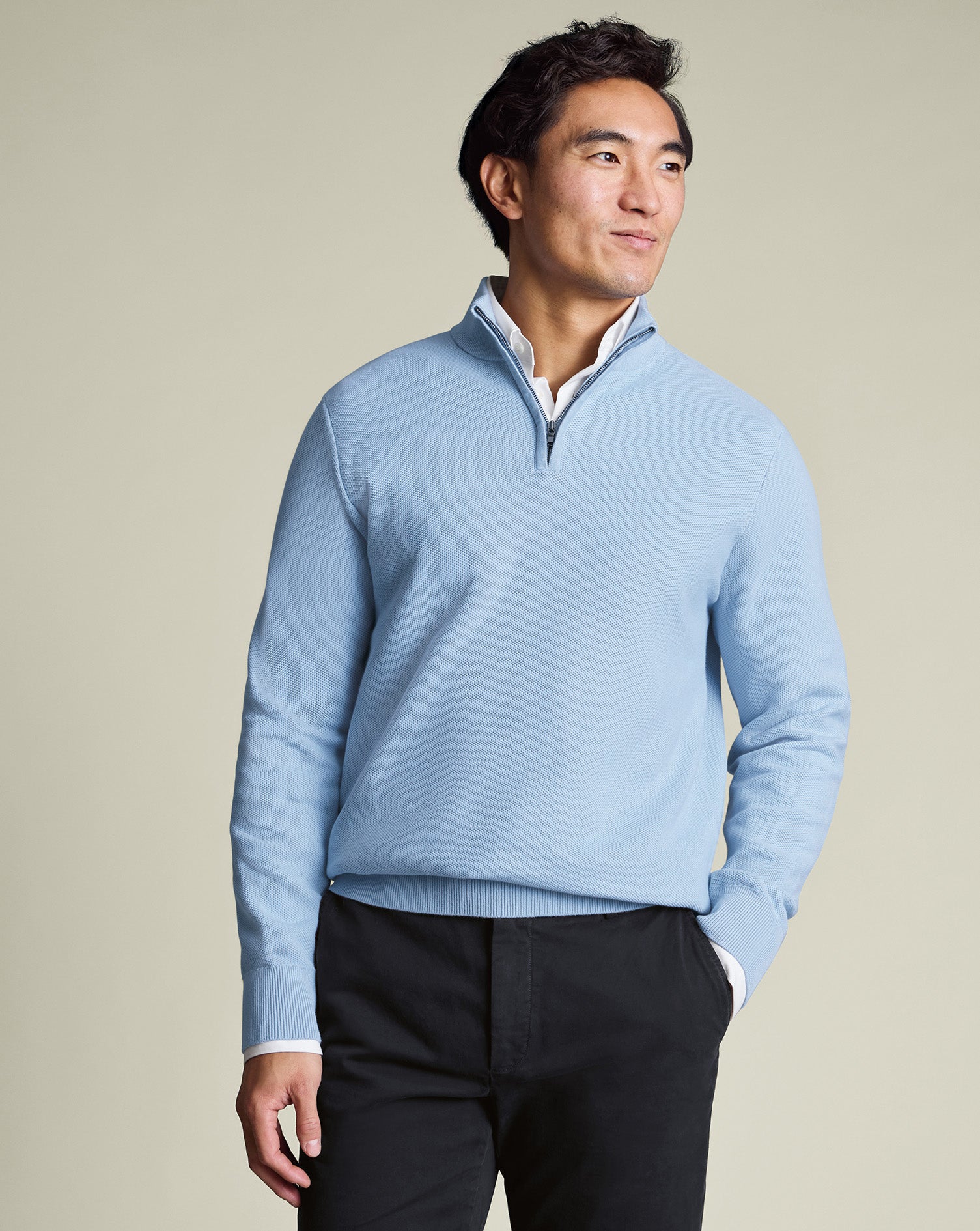 Cotton Honeycomb Zip-Neck Jumper – Sky Blue