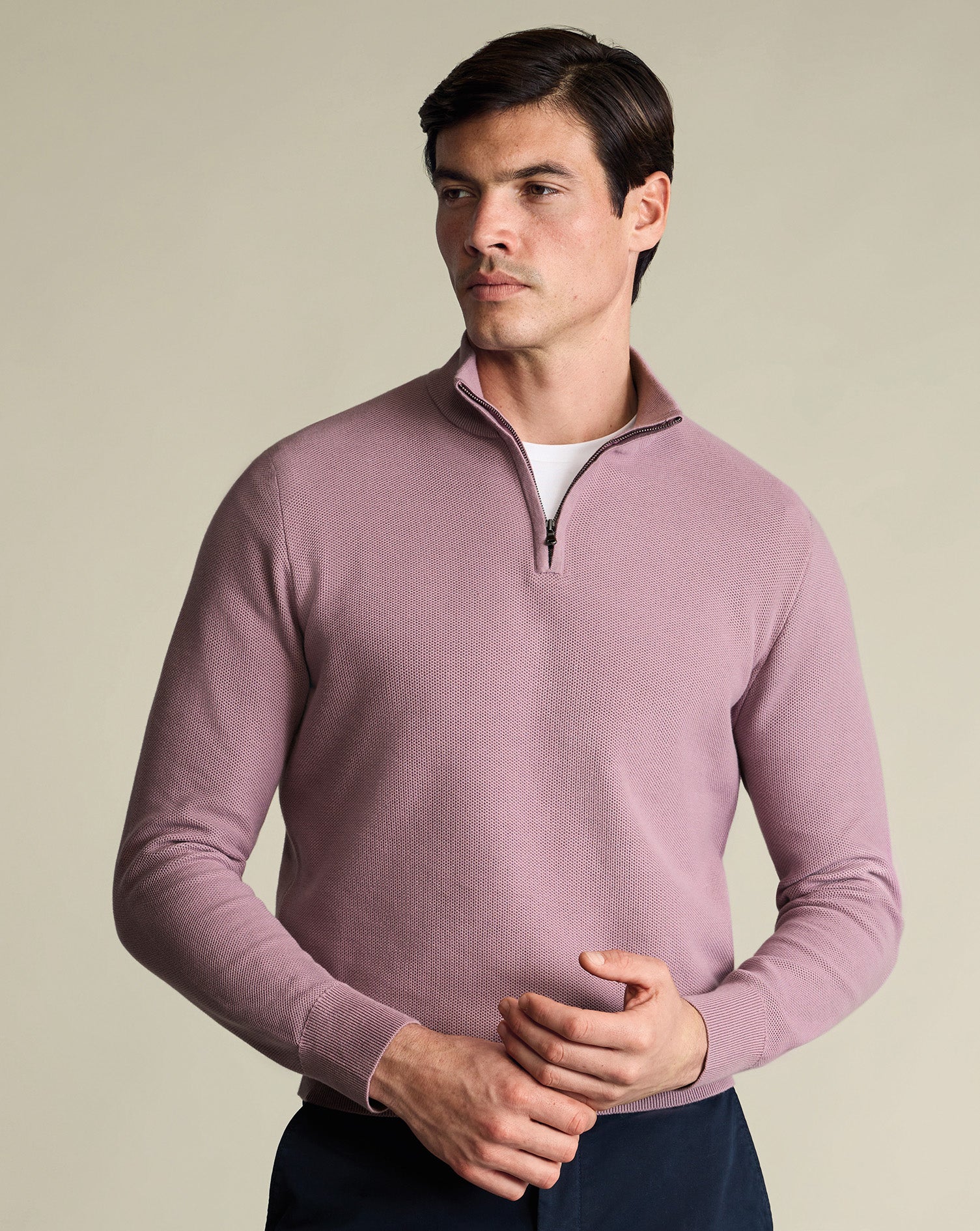 Cotton Honeycomb Quarter Zip Sweater Pink
