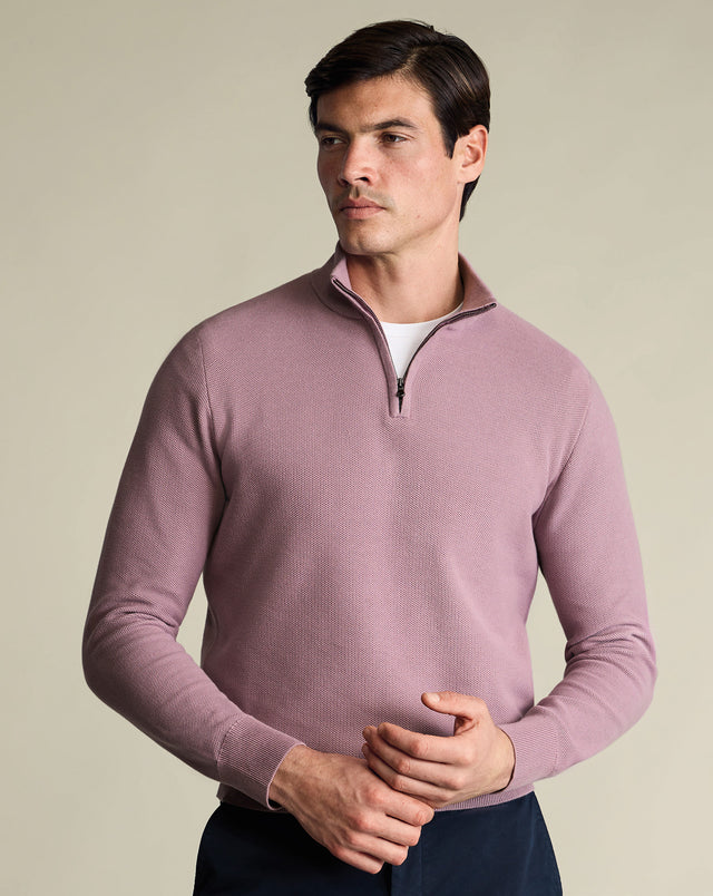 Cotton Honeycomb Quarter Zip Sweater – Pink