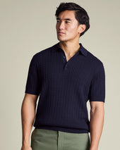 Cotton Cable Knitted Polo – Indigo Blue