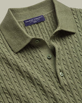 Cotton Cable Knitted Polo Green
