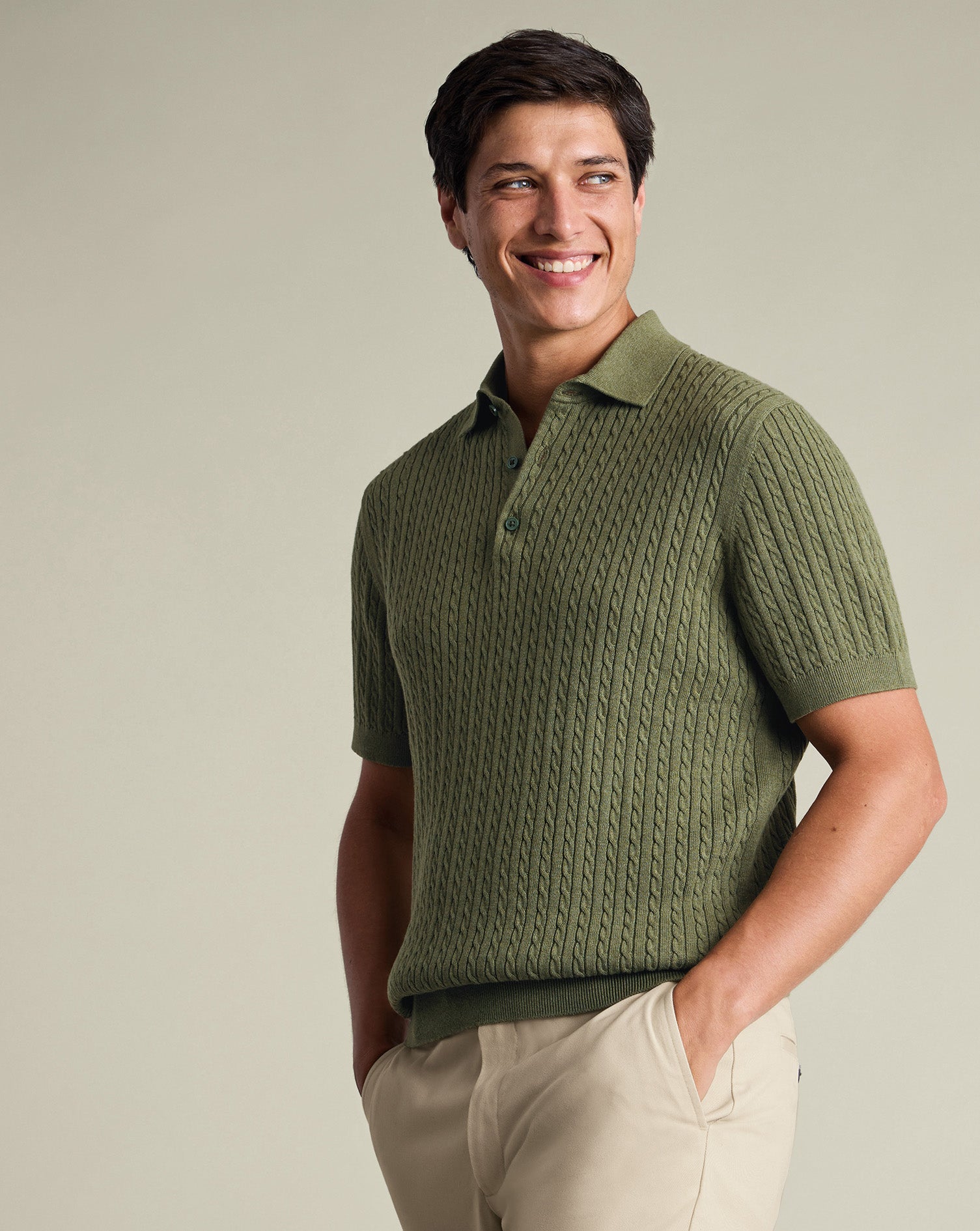 Cotton Cable Knitted Polo Green