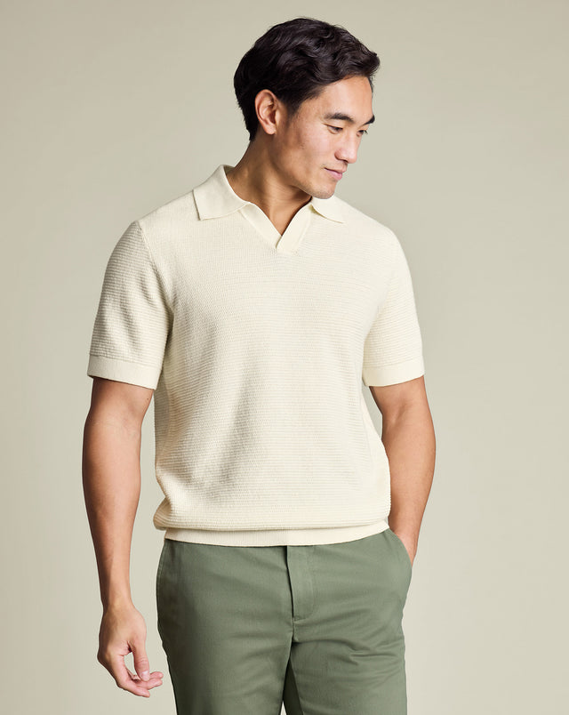 Cotton Texture Trophy Neck Knitted Polo – Cream