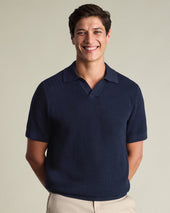 Cotton Texture Trophy Neck Knitted Polo – Navy