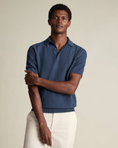 Cotton Stripe Texture Knitted Polo – Steel Blue