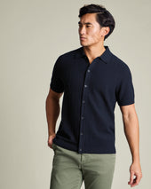 Cotton Stripe Texture Button Through Knitted Polo – Navy