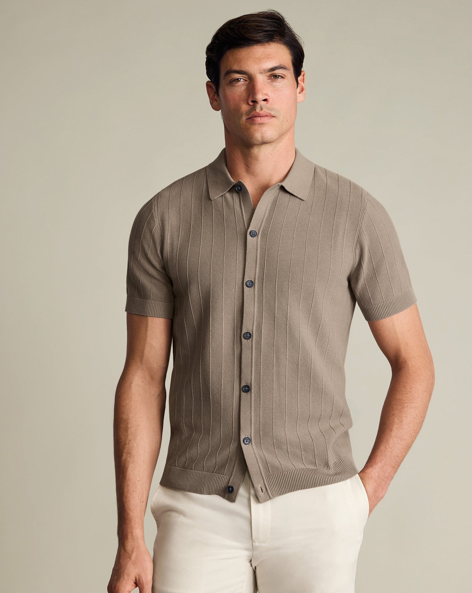 Cotton Stripe Texture Button Through Knitted Polo