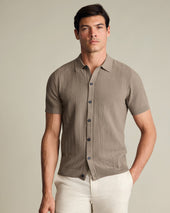 Cotton Stripe Texture Button Through Knitted Polo – Taupe