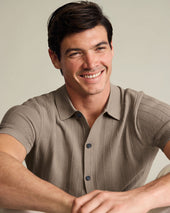 Cotton Stripe Texture Button Through Knitted Polo