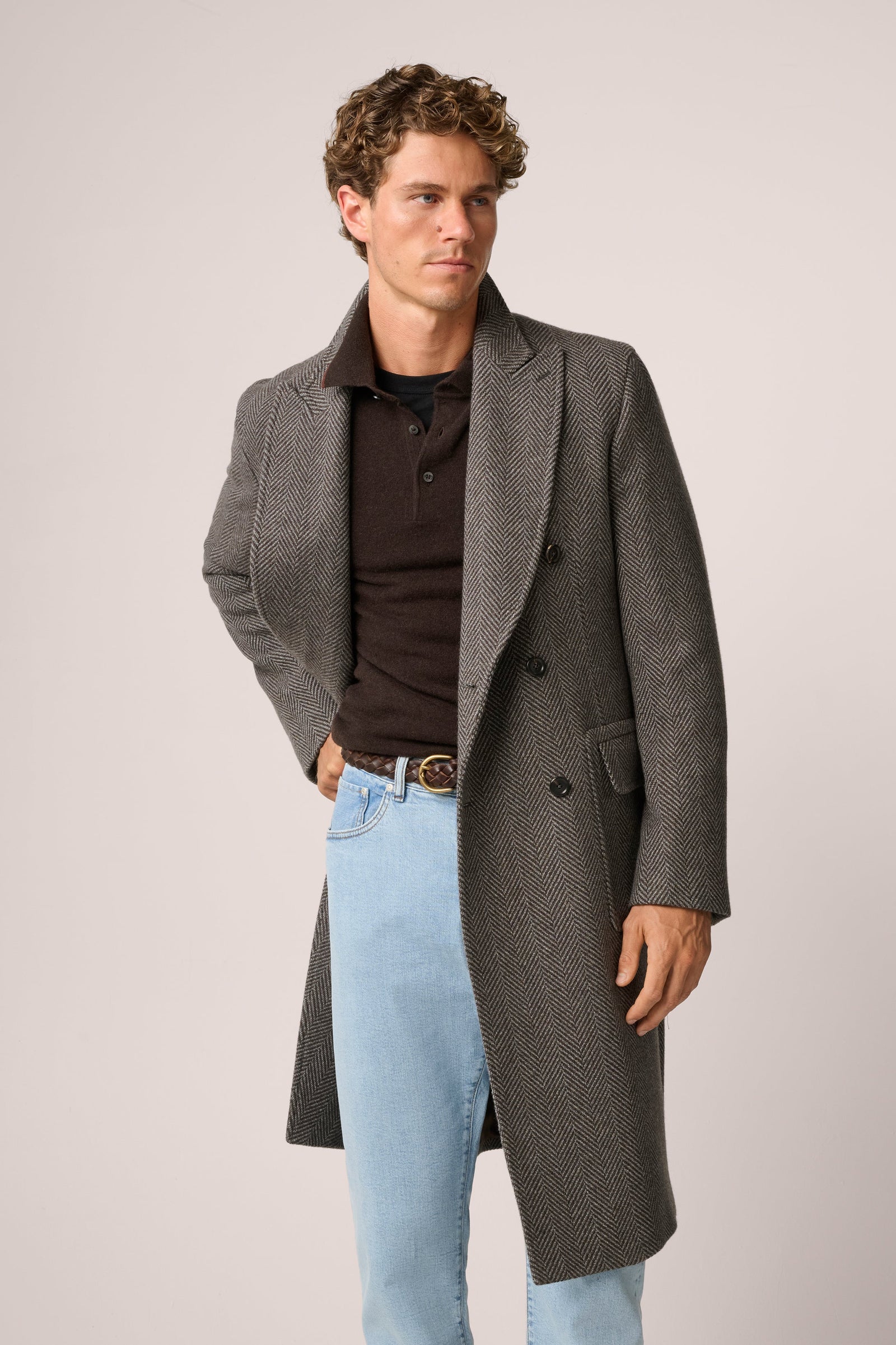 Kyneton Double Breasted Italian Overcoat Cashmere Grey Herringbone