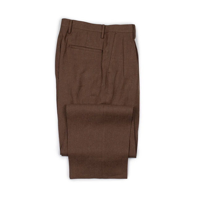 Shoecut slacks in mocha brown linen and silk mesh