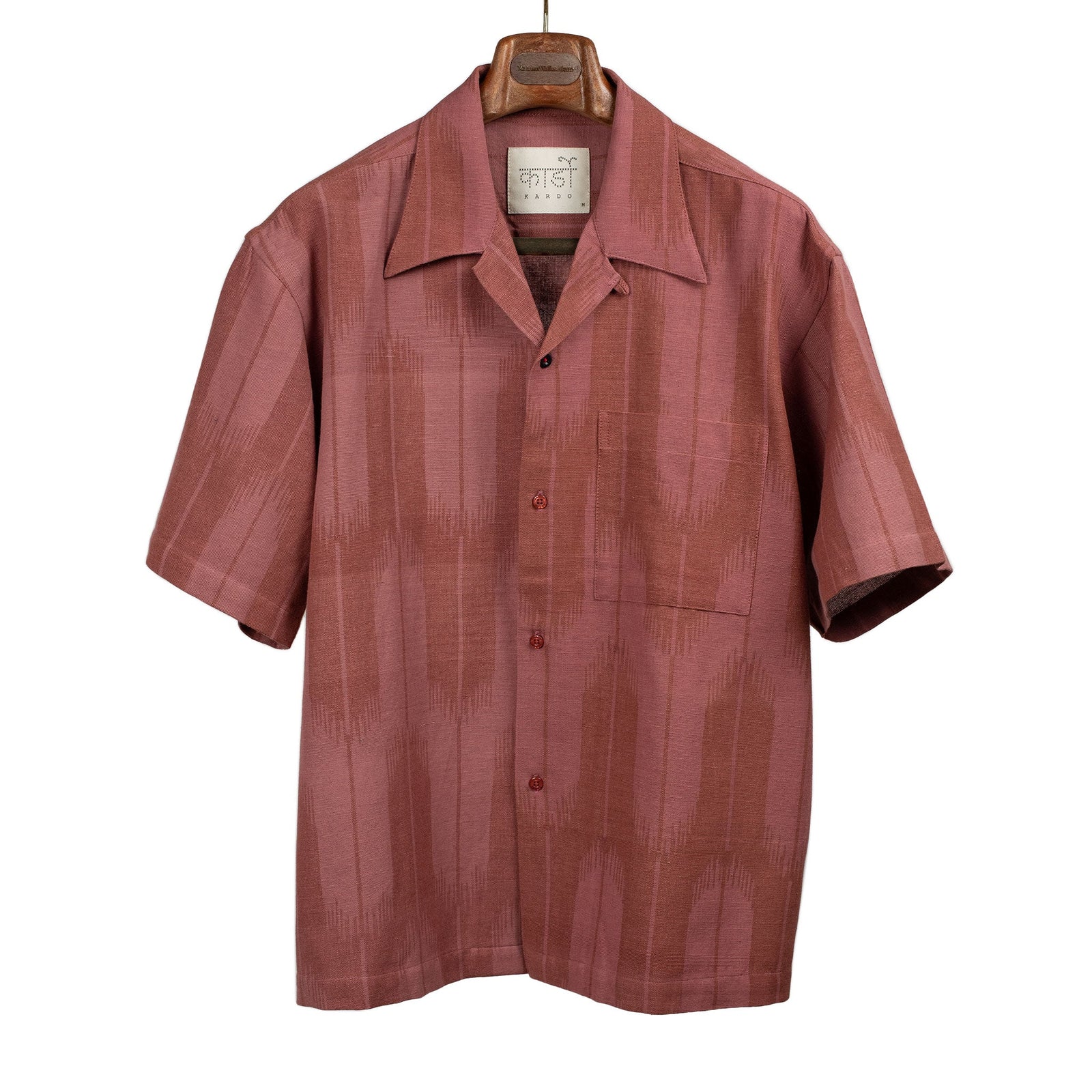 Rohit Camp Shirt In Coral Red Ikat Hand Loomed Cotton