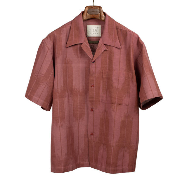 Rohit camp shirt in coral red ikat hand-loomed cotton