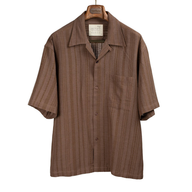 Rohit camp shirt in ganache brown hand-loomed striped cotton