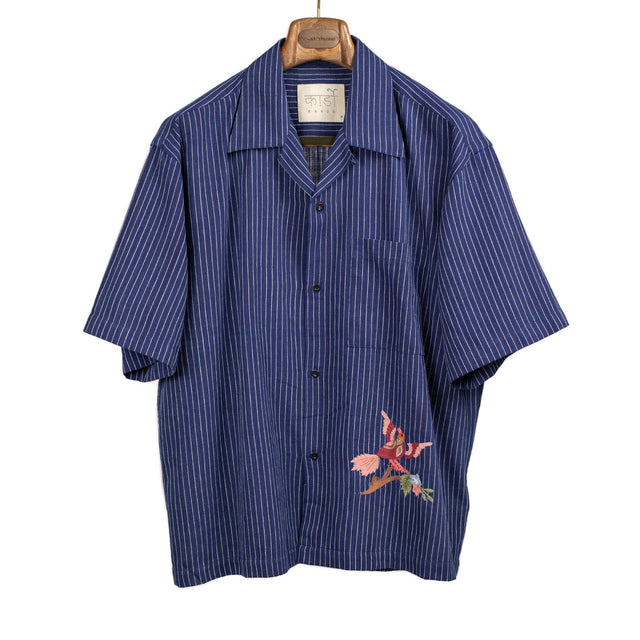 Rohit camp shirt in indigo striped cotton with hand-embroidered birds