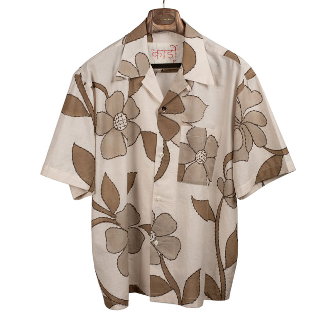 Rohit camp shirt in natural color cotton with hand-painted and embroidered flowers