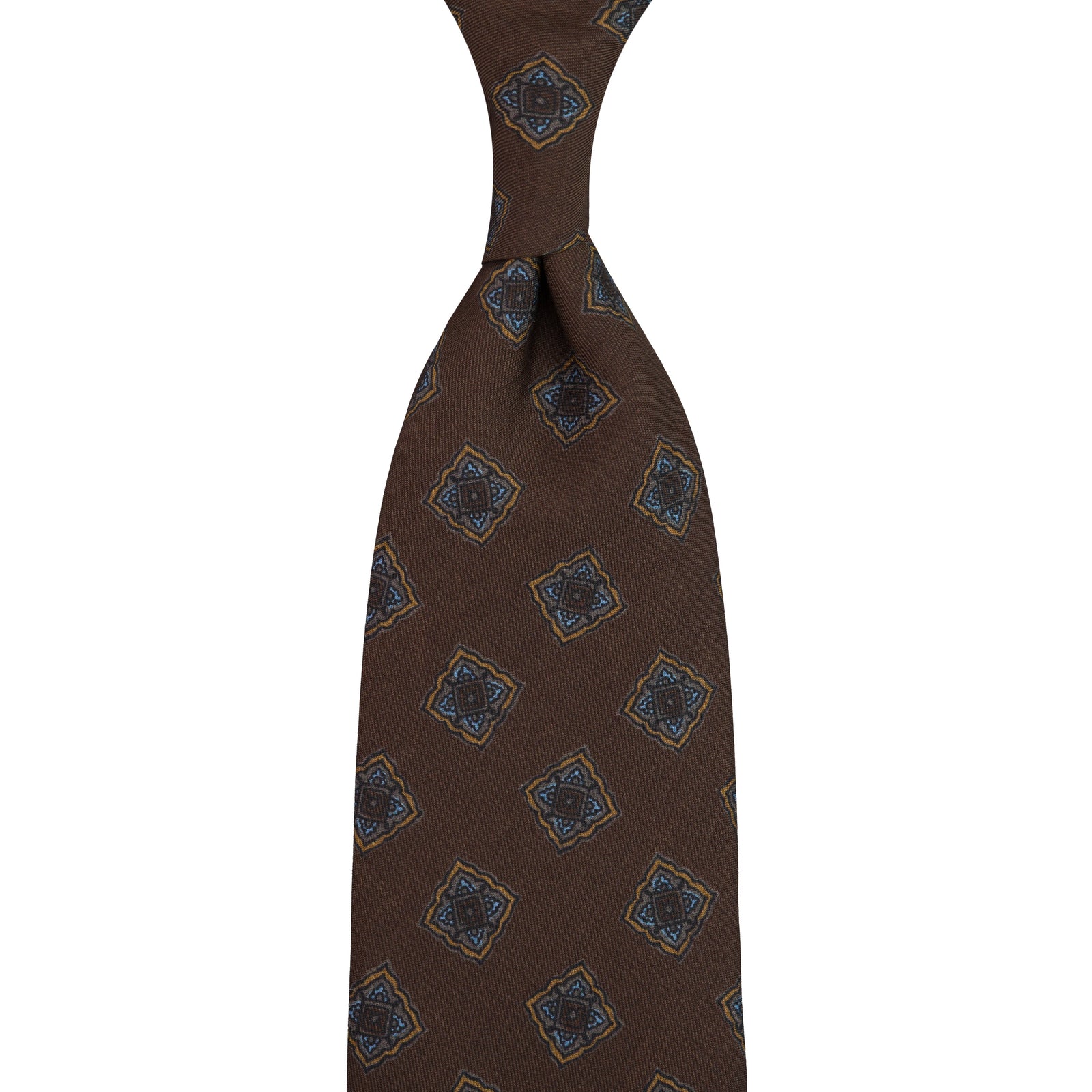 Floral Printed Silk / Wool Tie - Chocolate - Hand-Rolled
