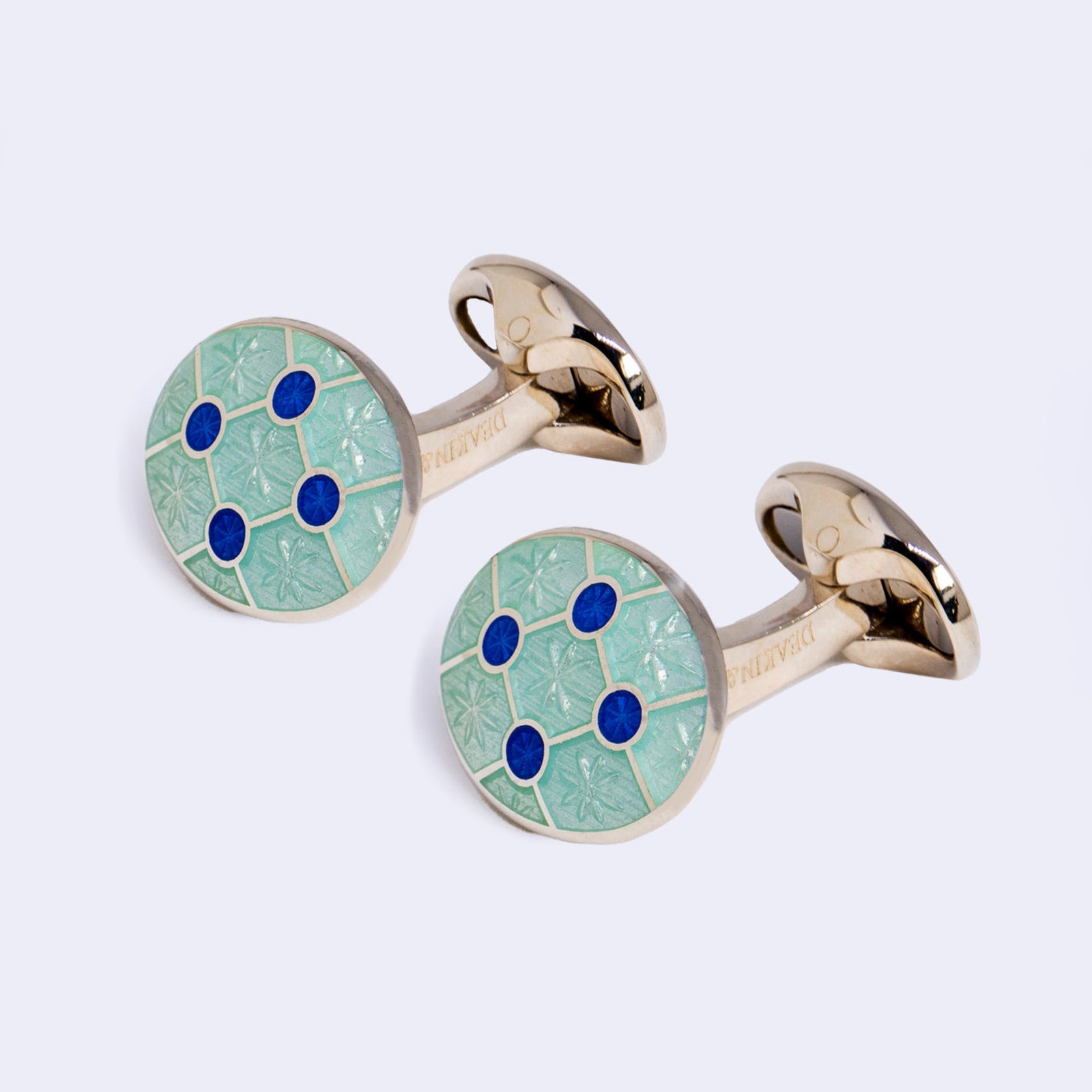 Sterling silver pale blue enamel cufflinks with blue enamel dot design