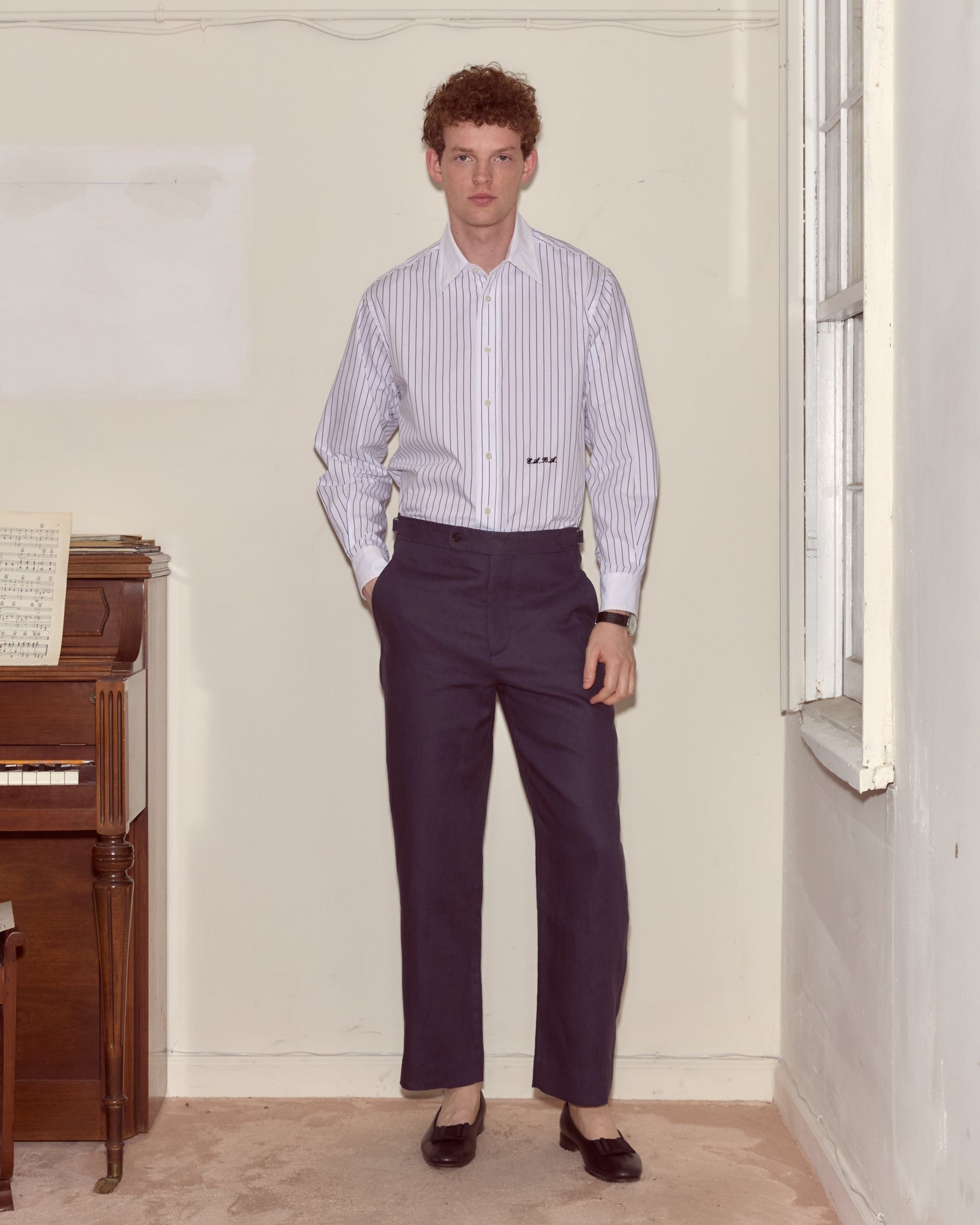Lightweight Linen Side-Buckle Trousers - Midnight