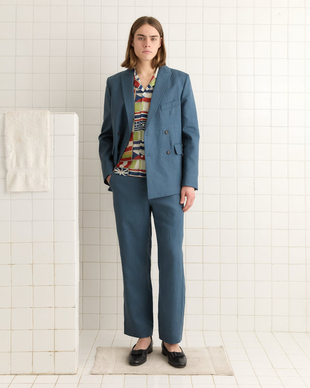 Lightweight Linen Double-Breasted Suit Jacket - Teal