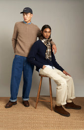 Round Neck Cable Knit Lambswool Jumper In Dark Natural