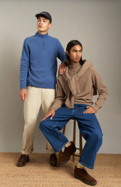 Quarter Zip Lambswool Cable Knit Jumper In Dark Natural