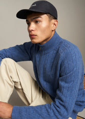 Quarter Zip Lambswool Cable Knit Jumper In Dark Indigo