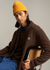 V Neck Lambswool Cardigan In Dark Umber