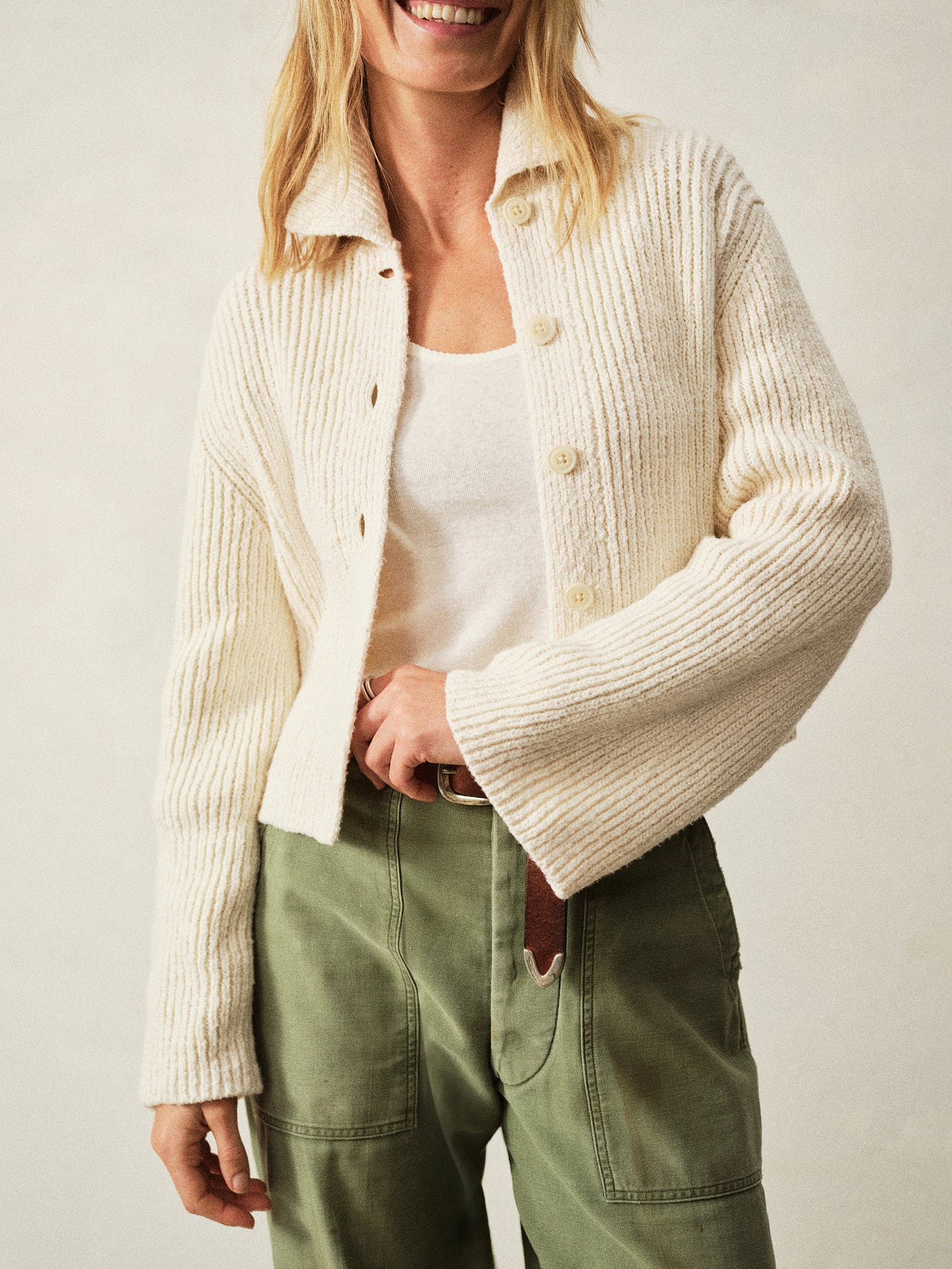 Natural Soft Spun Cotton Collared Cardigan