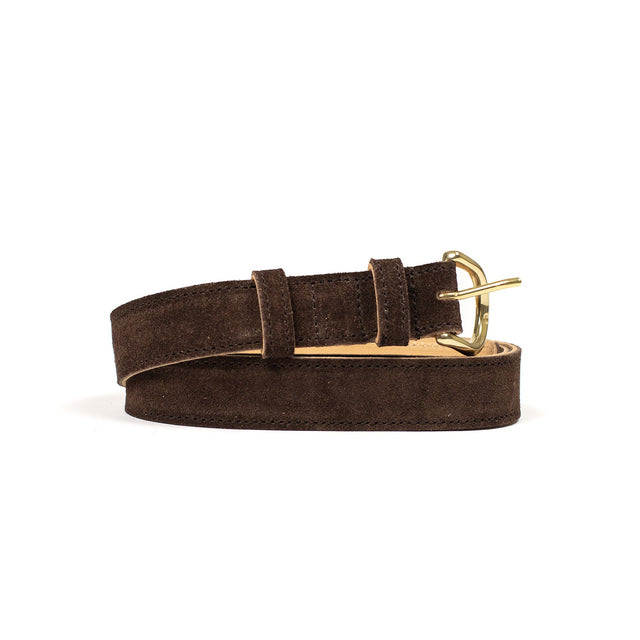 One-inch belt in chocolate brown suede