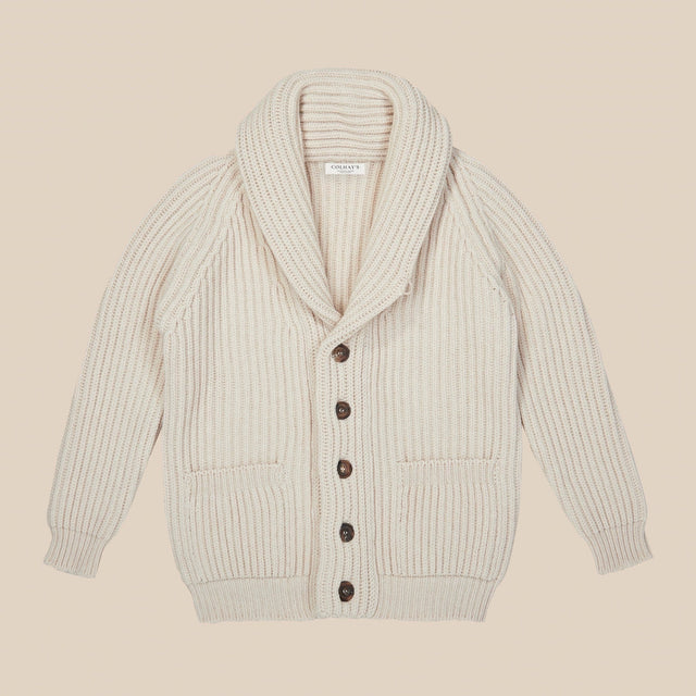 Superfine lambswool shawl collar cardigan in ecru