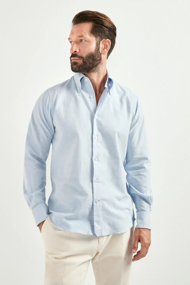 Light blue brushed cotton button down shirt - Made In Italy