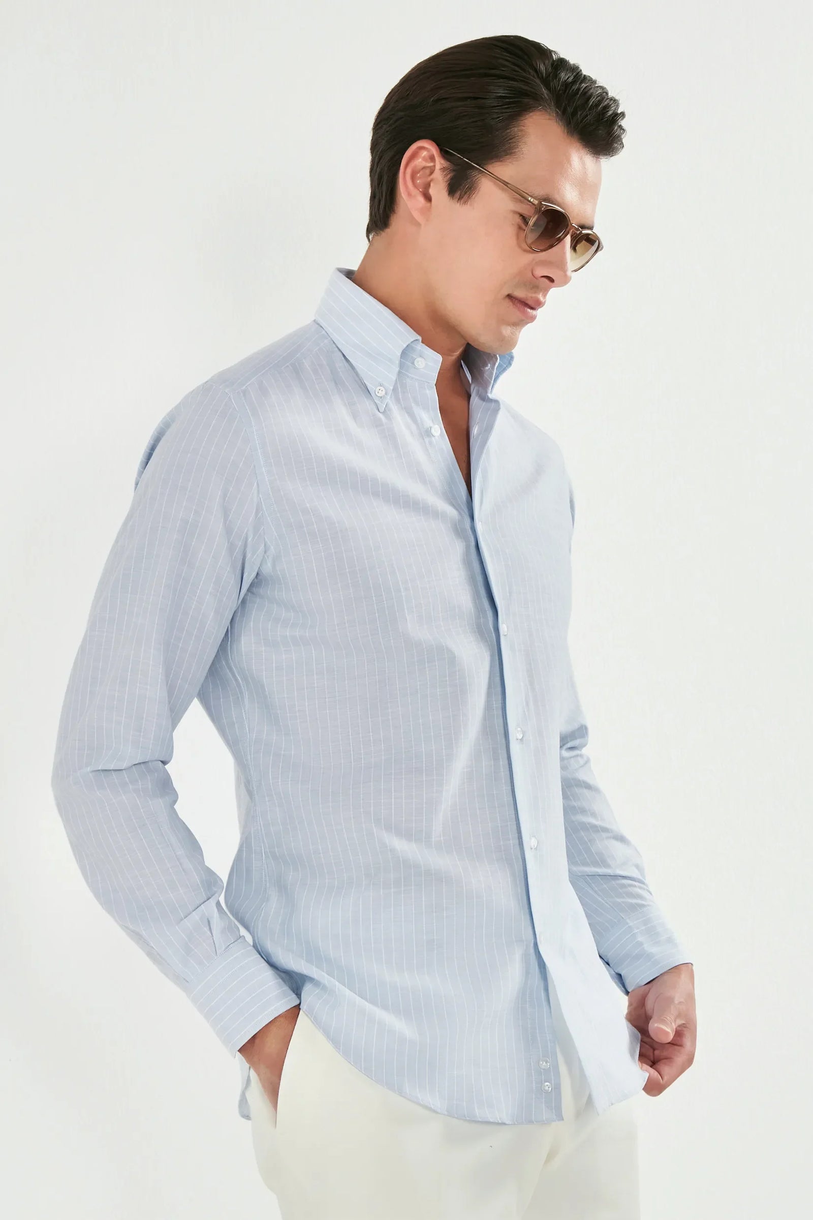 Light Striped Chambray Button Down Shirt Made In Italy