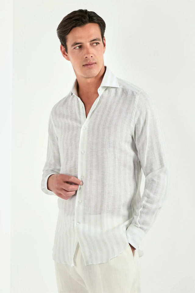 Light sage striped linen and tencel shirt - Made in Italy