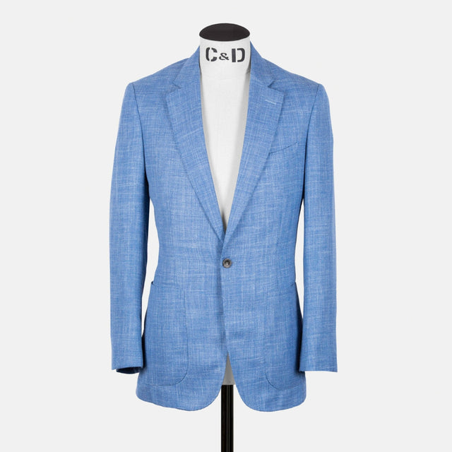 Notch Lapel Jacket in Light Blue Wool, Silk & Linen Hopsack