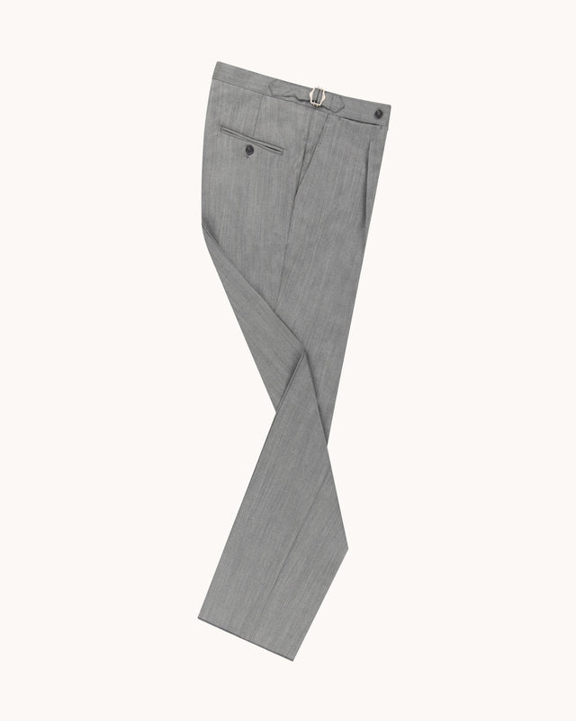 Single Pleat Trouser - Light Grey Herringbone Wool