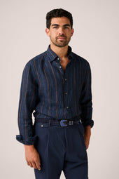 Somelos Orange Striped Blue Linen Shirt