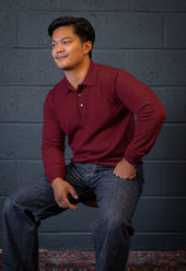 Men's Extra Fine Merino Wool Long Sleeve Polo Burgundy
