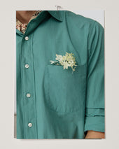 Spread Collar Sport Shirt In Green Shadow Stripe Poplin