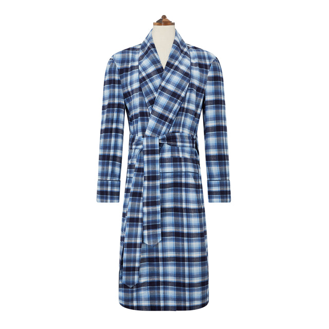 Blue Brushed Cotton Check Dressing Gown