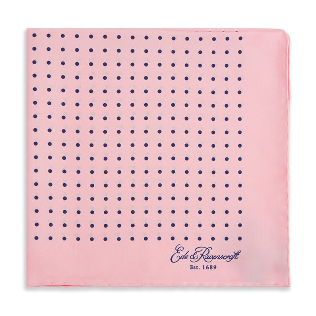 Pink and Navy Spot Printed Silk Pocket Square