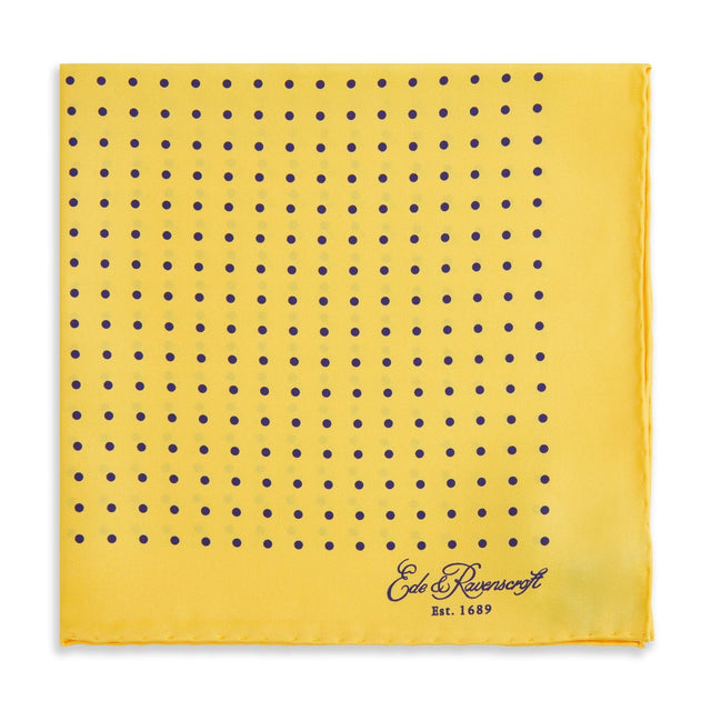 Yellow and Navy Spot Printed Silk Pocket Square