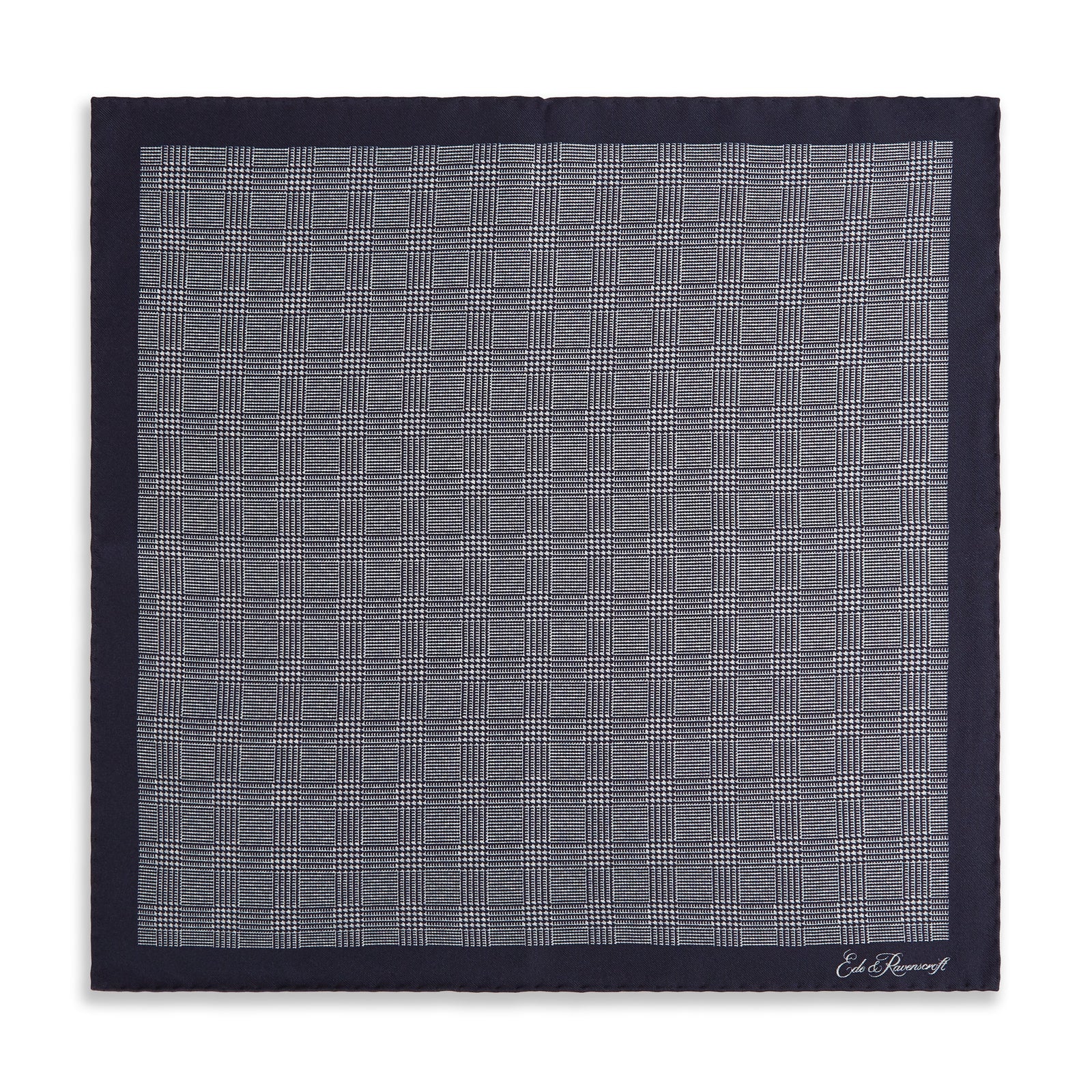 Navy White Prince of Wales Geometric Double Faced Silk Pocket Square