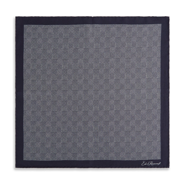 Navy White Prince of Wales Geometric Double Faced Silk Pocket Square