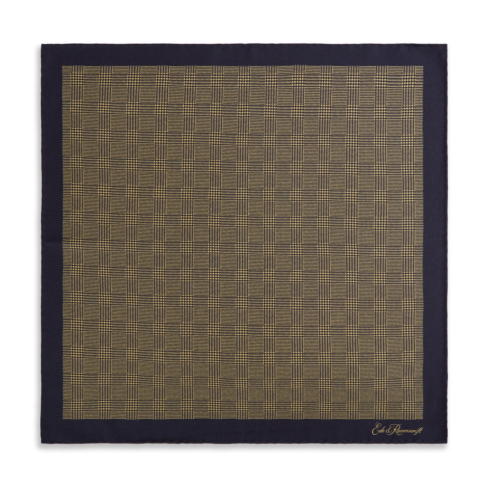 Yellow Navy Prince of Wales Geometric Double Faced Silk Pocket Square