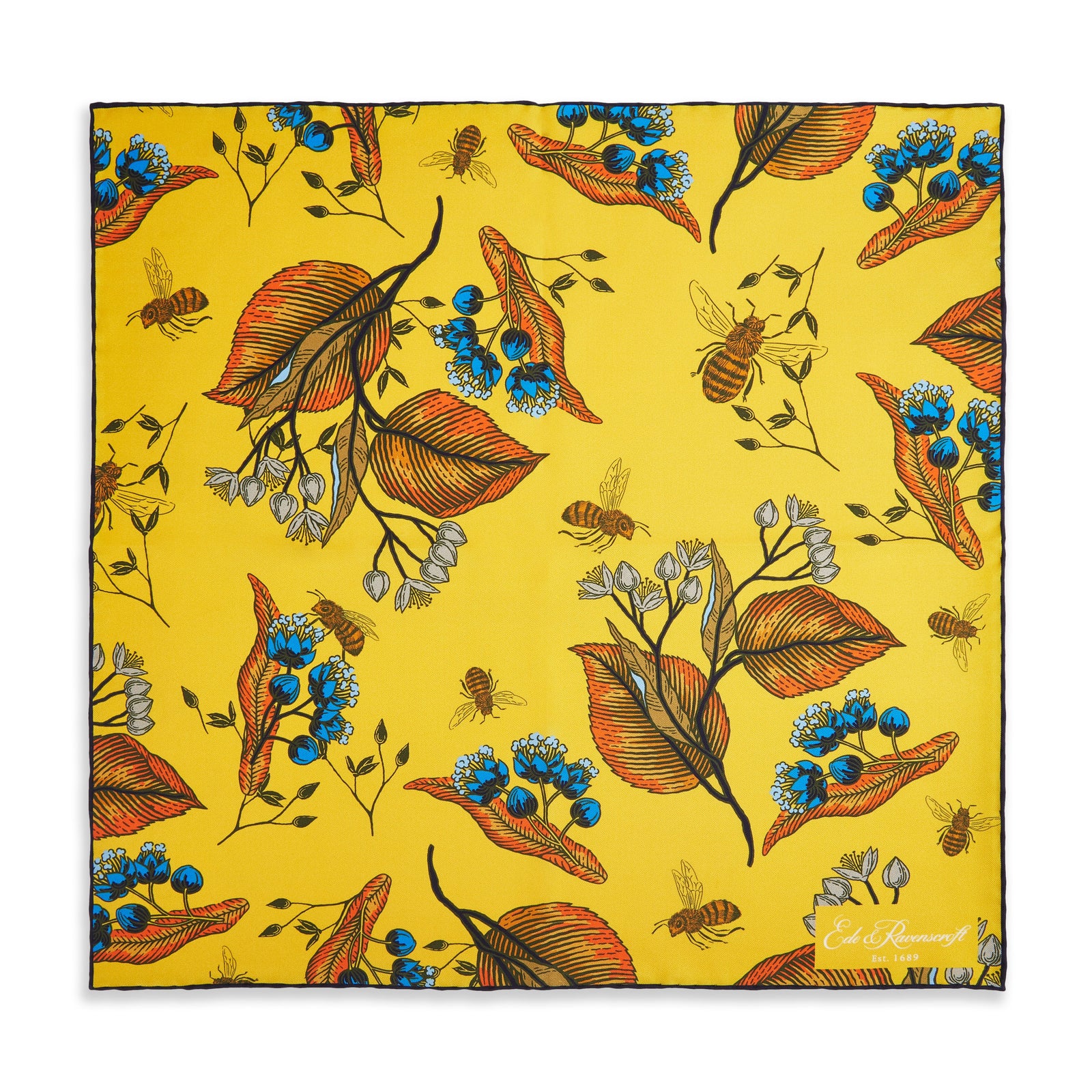 Yellow Small Foliage Bee Silk Pocket Square