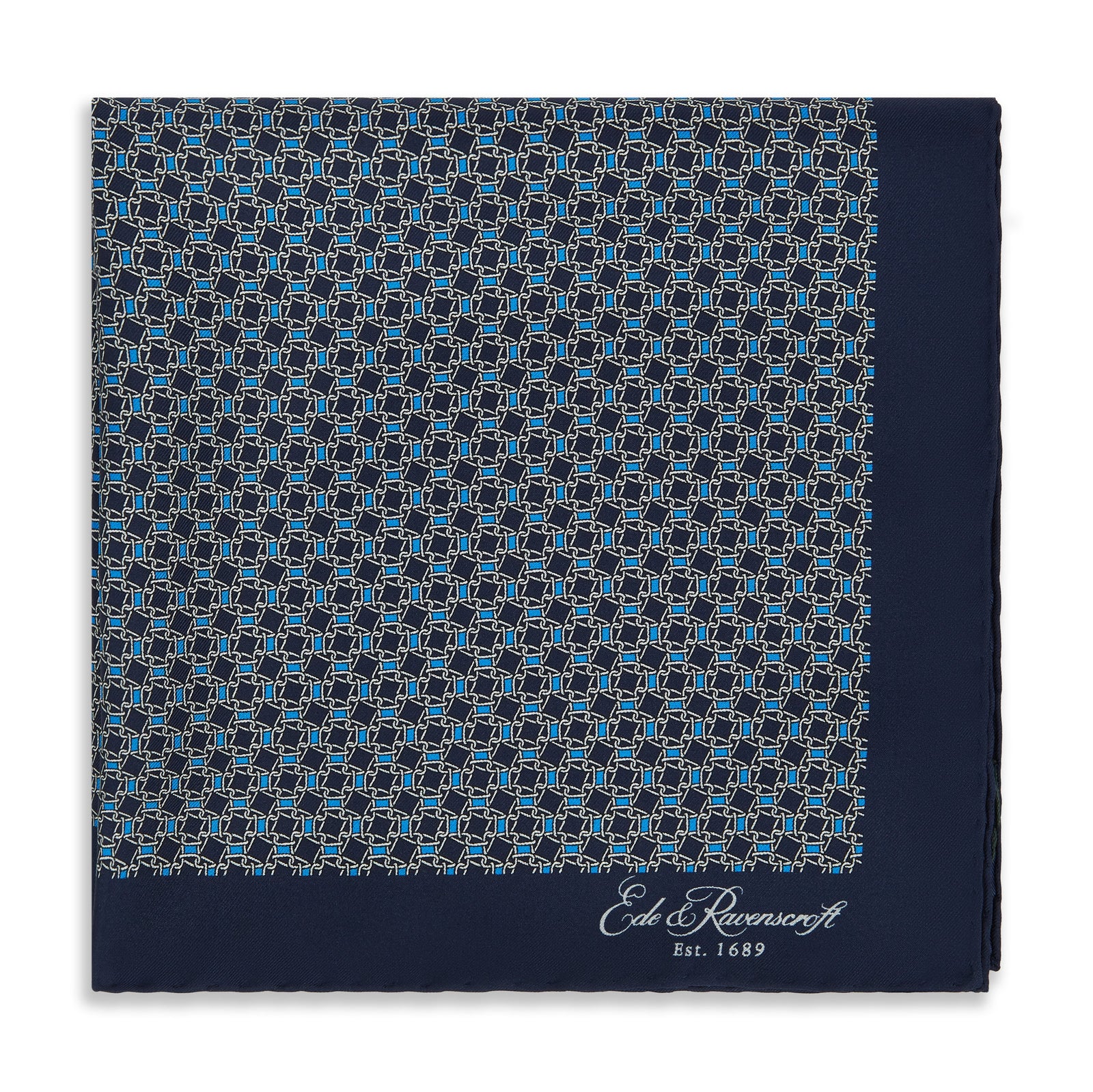 Navy Blue Chain Geometric Printed Silk Pocket Square